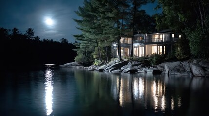 Fototapeta premium Illuminated modern residence stands beside calm water under a bright full moon.