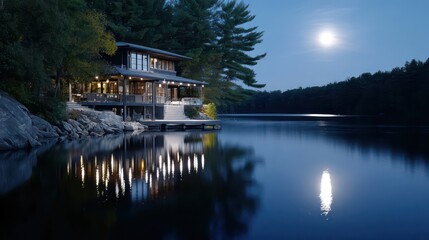 Fototapeta premium Illuminated waterside dwelling reflects bright moonlight upon still lake surface at night