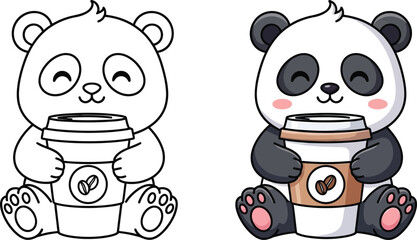 Naklejka premium Cute Panda Holding Coffee Cup Coloring Page and Colored Kawaii Cartoon Illustration