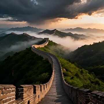 Aerial view of the Great Wall of China snaking through lush green mountains covered in thick white fog under a moody, storming sunset sky