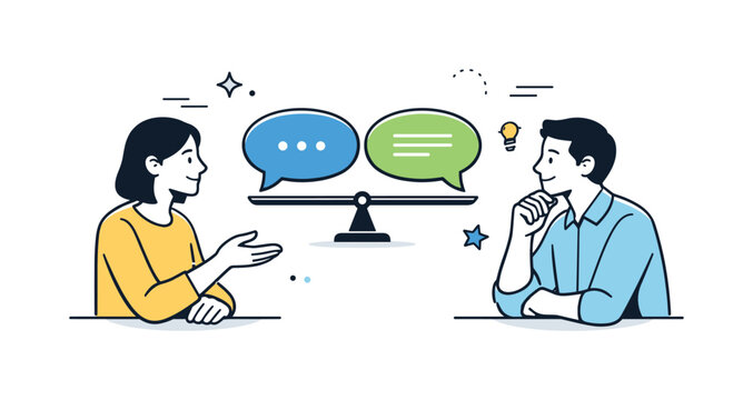 Debates. Two people calmly exchanging opinions with speech bubbles balanced between them. The scene highlights respectful dialogue,