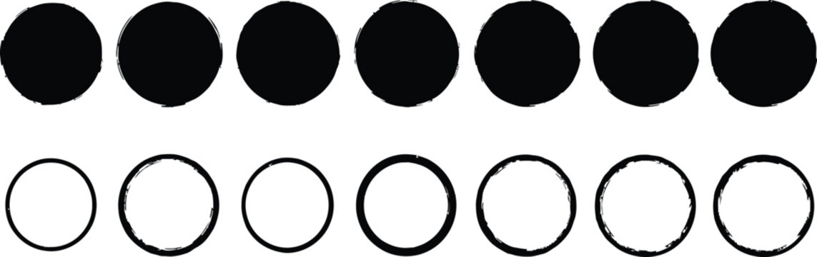 Collection of black and white grunge circles and rings on white background