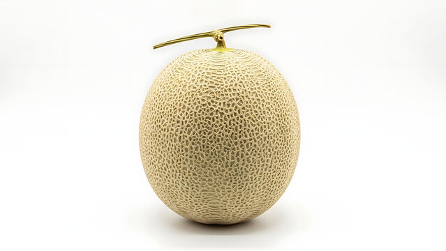 Japanese cantaloupe melon with textured skin and stem on white background representing luxury fruit and high quality agriculture for gourmet gifting