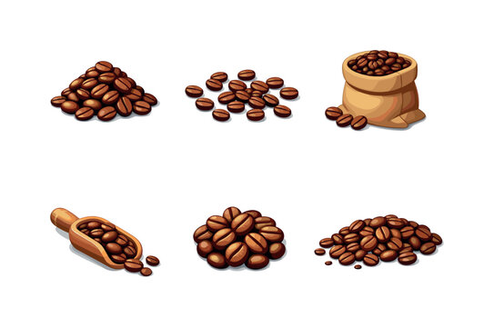 Coffee beans dump. Isometric flat vector icons set of coffee beans dump: pile of coffee beans, scattered coffee beans, burlap sack with