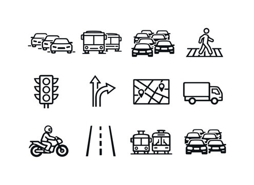 City Traffic Icons. City traffic scene. Line icon set of City traffic scene: cars queue, buses on road, traffic jam, pedestrian crossing, traffic signals, road