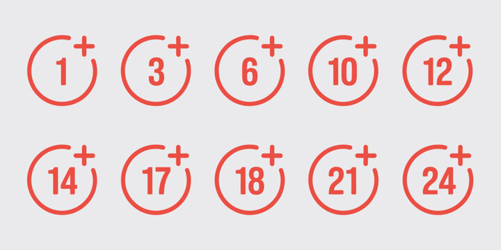 Set of age requirement icons, showcasing age limit symbols, user restriction warnings, and recommended age indicators for apps, games, and digital platforms in vector format.