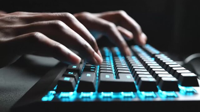 Hands Typing on Illuminated Keyboard in Dark Setting.