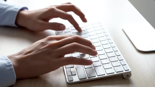 Hands Typing on Keyboard, Close Up, Office Work.