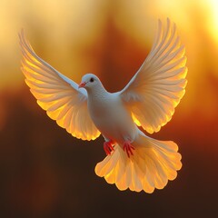 Fototapeta premium A majestic white bird glides gracefully through a golden sunset