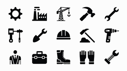 Obraz premium Collection of black silhouette icons depicting various construction and industrial tools and equipment on a white background for design and labor day themes