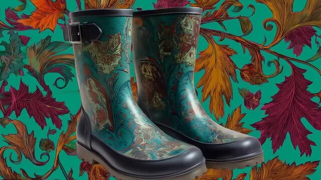 A rain boot with a floral design, black accents, and a buckle, set against a green floral background