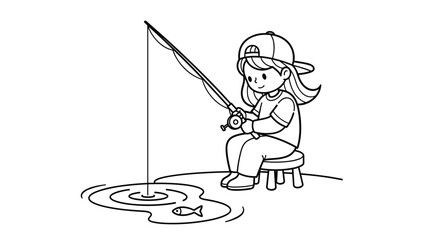 Fototapeta premium Charming black and white outline drawing of a happy girl quietly fishing by a pond, sitting on a small stool.