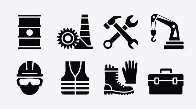 Engineering equipment icons set including tools and safety gear on a white background for industrial and construction concepts