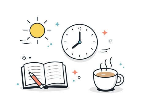Calm and productive morning concept. Abstract composition with icons of sun, clock, notebook, and coffee arranged harmoniously. Editorial