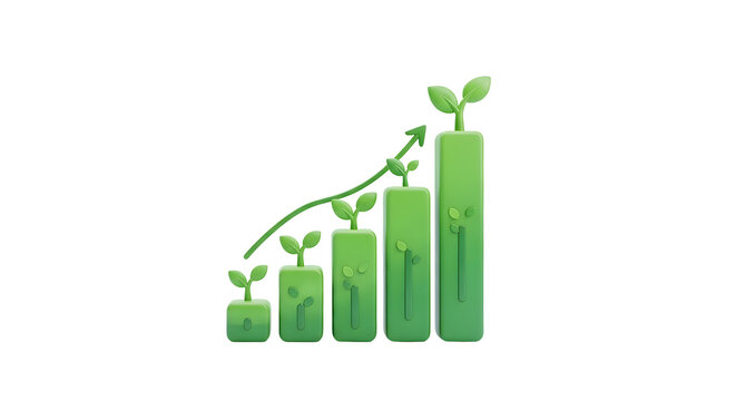 Green bar chart with plants growing on top representing growth and sustainability