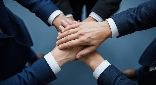 Four hands in a huddle with business suits, symbolizing unity and teamwork.