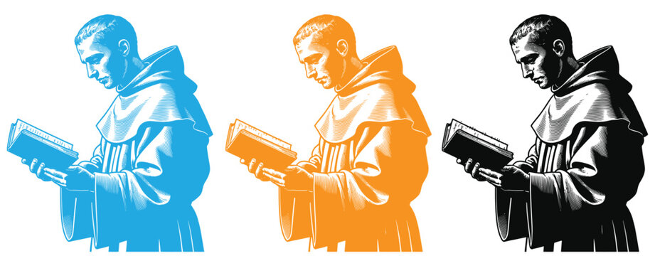 Illuminated manuscript woodcut style illustration of a hooded monk reading a book on his lap under a Gothic archway.