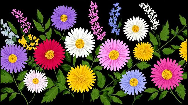 Colorful floral arrangement of various flowers and foliage against a black backdrop
