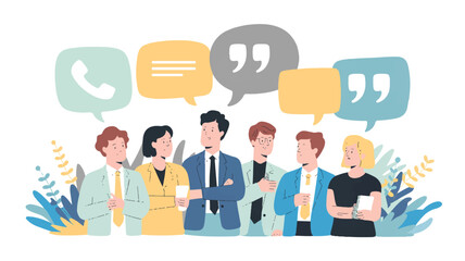 Group of diverse professionals communicating and discussing ideas, depicted with speech bubbles and phone icons, symbolizing collaboration and social connection