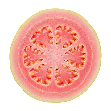 Slice of ripe pink guava fruit with seeds