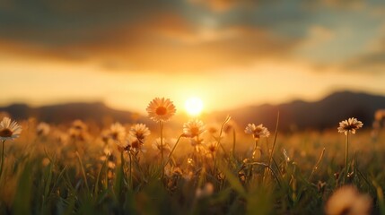 Fototapeta premium A peaceful field of daisies under a stunning sunset sky, evoking feelings of tranquility and the beauty of the natural world intertwined with the day’s end.