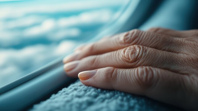 A close-up shot of a hand resting on a plane window, capturing the moment of travel and the anticipation of adventure as the clouds float by outside, evoking emotions of longing.