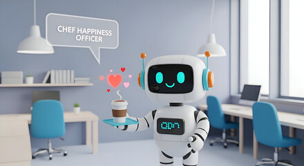 Fototapeta premium Cheerful Robot Chief Happiness Officer Offering Coffee in Modern Office.