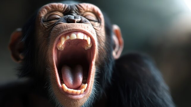 An expressive close-up of a chimpanzee yawning, revealing its powerful teeth; a captivating look into the emotions and behaviors of our closest relatives in the animal kingdom.