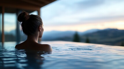 Fototapeta premium A tranquil scene featuring a woman enjoying a peaceful moment in an outdoor hot tub, surrounded by stunning mountains and a beautiful sunset landscape.