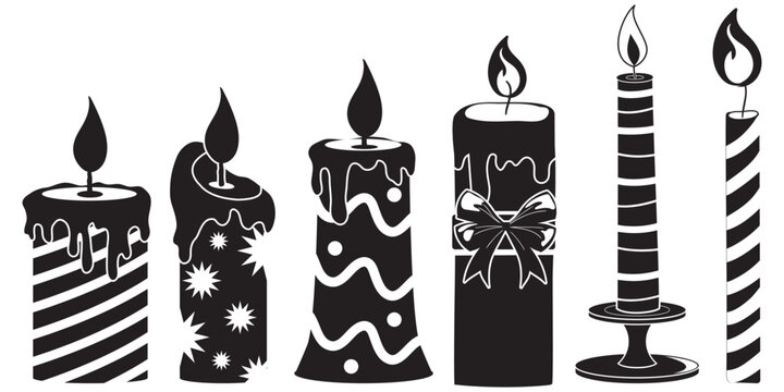 Black Candle Silhouettes Collection &ndash; Burning Wax Candles in Different Shapes, Minimal Vector Set