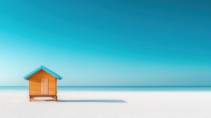 A simple yet charming beach house stands alone on a serene sandy beach, with a clear blue sky reflected in the calm ocean waters, evoking relaxation and solitude.