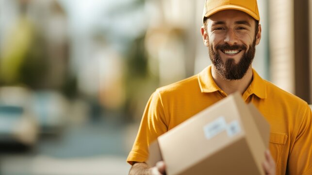A cheerful delivery person in a bright outfit holds a package in a sunny urban setting, symbolizing service, community, and the spirit of connectivity.