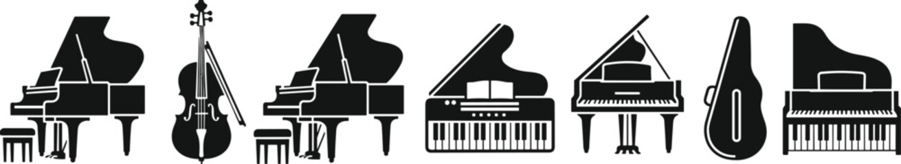 Piano And Violin Silhouette Collection Musical Instruments Orchestra Music Icons Black Vector Illustration Set © Itz Raju
