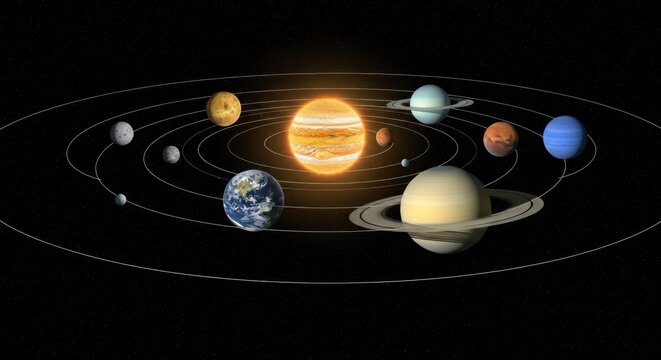 The solar system with the sun at the center and planets orbiting around it.