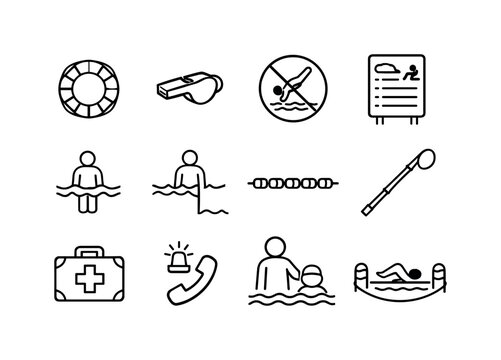    Swimming safety. Line icon set of Swimming safety: lifebuoy ring, lifeguard whistle, no diving sign, swim rules sign, shallow water icon,
