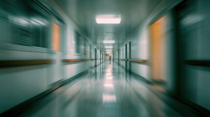 Blurred motion of an empty hospital corridor, medical emergency and healthcare concept