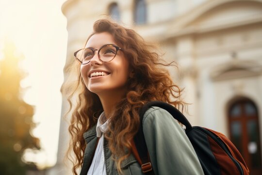 Young woman student with backpack smiling confidently looking up, enjoying university city life