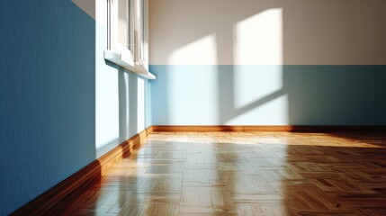 Bright empty room with two-tone blue and white walls, a wooden floor, and sunlight casting shadows from a window