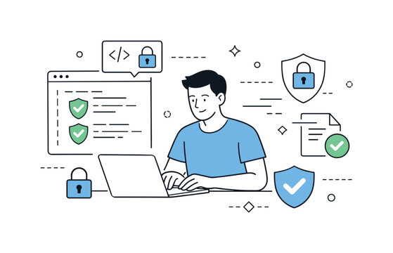 Secure Coding Workflow. Secure coding workflow. A programmer writing code with security checks highlighted, symbols of locks and checkmarks showing protection