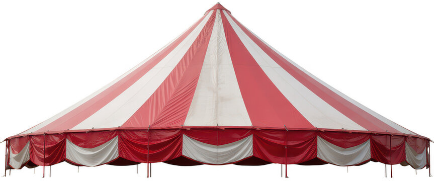Red and white striped circus tent with drapes isolated on a transparent background