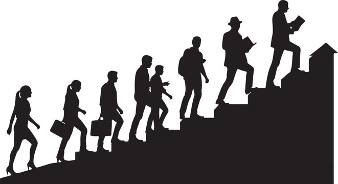 Silhouette of businesspeople climbing up a staircase to success