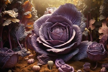 Obraz premium Giant red cabbage and fantasy plants thriving in an enchanting whimsical garden