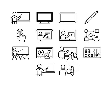 Teachers using smartboards or interactive displays. Line icon set of Teachers using smartboards or interactive displays: teacher pointing,