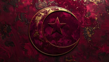 Gold Crescent Moon and Star Emblem on Rich Burgundy Textured Background