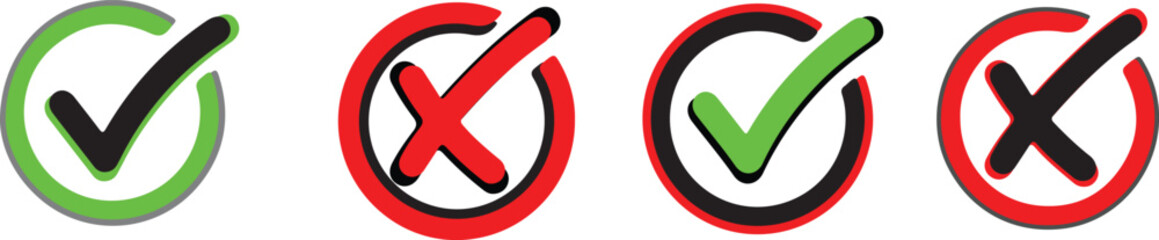 Obraz premium Green Tick & Red Cross Checkbox Icon Collection .Check box icon with right and wrong buttons and yes or no checkmark icons in green tick box and red cross. . Set checkmark, red cross, x mark icon,
