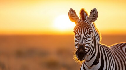 Naklejka premium A stunning zebra stands elegantly in a sprawling landscape, illuminated by the warm tones of sunset, highlighting the beauty of wildlife in a natural setting.