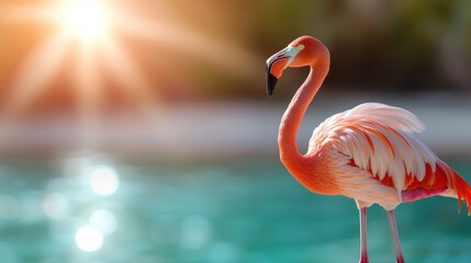 A beautiful flamingo striking a pose against a sunlit background, representing grace and natural beauty, capturing wildlife in its most serene and stunning environment.