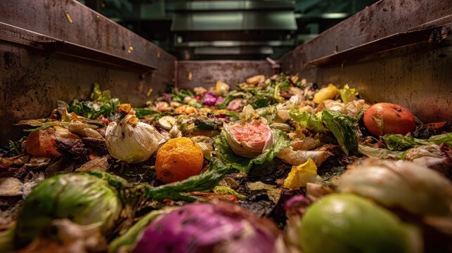 Close-up of a large pile of food waste and organic kitchen scraps in an industrial bin, ready for composting or disposal.