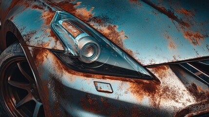 Close-up of a modern sports car with a heavy rust patina finish and weathered headlight