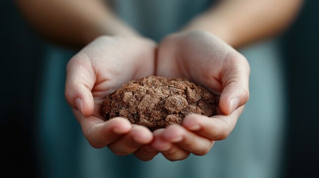 A close-up of hands carefully holding a large, rough chocolate cookie, emphasizing the tactile enjoyment and love for baking, perfect for culinary and dessert enthusiasts.